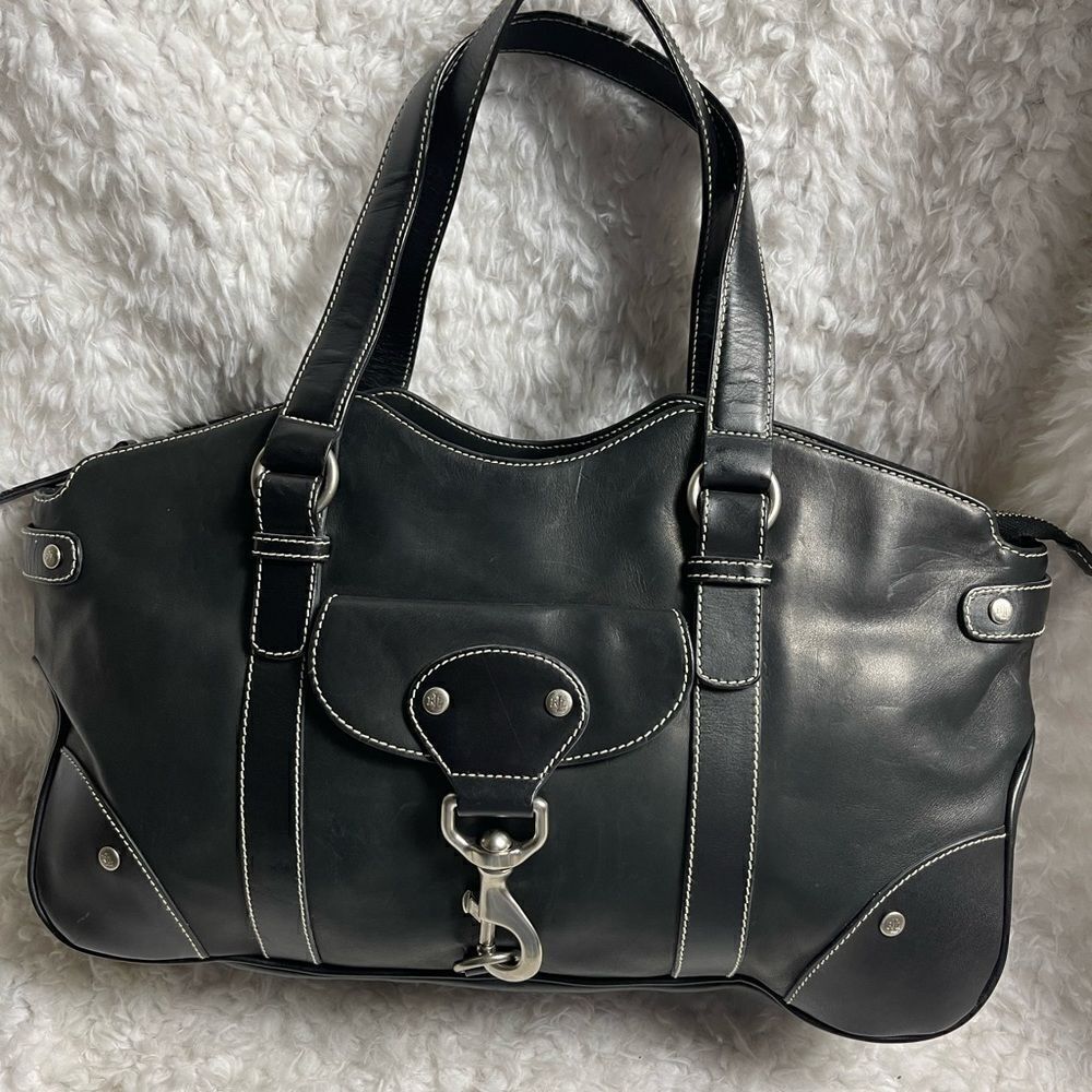 Lauren Ralph Lauren Black soft leather medium satchel with silver tone h…